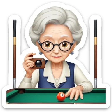 Old lady taking photo of billiards sticker