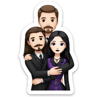 tall white man with brown hair goatee mustache hugging a goth woman with long black hair, wearing formal clothing sticker