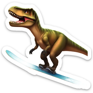 A t-rex wearing sunglasses riding a snowboard down a volcano that’s erupting sticker