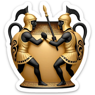 Cinematic-realistic Grecian urn, an exquisite black-figure pottery masterpiece resting in the dim glow of an ancient temple. Intricate golden depictions of two warrior fighting with spears and warriors encircle its curved form, telling timeless myths of heroism and tragedy.  sticker