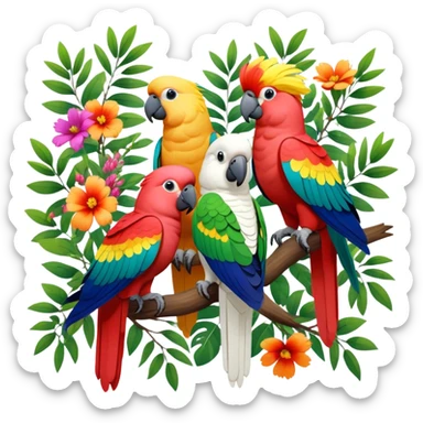 Close-up collage of vibrant Ara parrots and Inca cockatoos sitting on tree branches, surrounded by lush greenery. Bright colors of the birds stand out against a natural, sunny background of trees and flowers. Transparent background. sticker