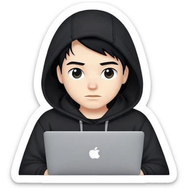 hackeur blanc cheveux noir et capuche noir avec un macbook sticker