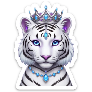 ESO Female white/black tiger khajiit leader of the umbral rose, glowing blue eyes, glowing blue 'third eye' gem; purple gemmed silver tiara sticker