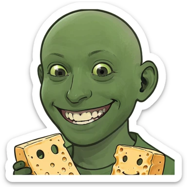 bald boy smiling portrait with cheese sticker
