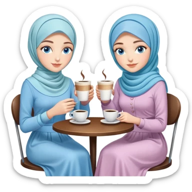 Turkish beautiful finish Konya girls blue eyes with pastel hijab long tail dress and the two friends in a coffeehouse sits on the chair on the ground and holds cup coffe with her hand  sticker