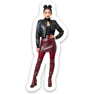 Full-body shot of an East Asian woman with a sleek bun at the nape of the neck, not a high bun. Oversized black leather jacket to the hips, black turtleneck, silver orb necklace. Red leather mini skirt, burgundy tights, red long boots. Fashion-editorial style. sticker