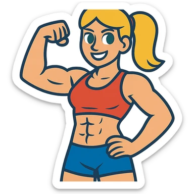 full body pose of a muscular white girl with blonde hair and green eyes, flexing 6 pack abs and one arm bicep sticker