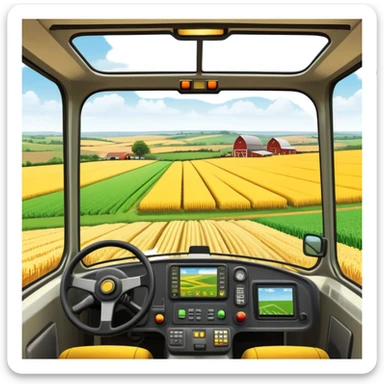 a view from the tractor cabin, with the dashboard in focus, overlooking a vibrant rural landscape. Inspired by Farming Simulator 22, the scene includes fields, crops, and distant barns under a bright sky. The design highlights the immersive experience of farm management. transparent background sticker