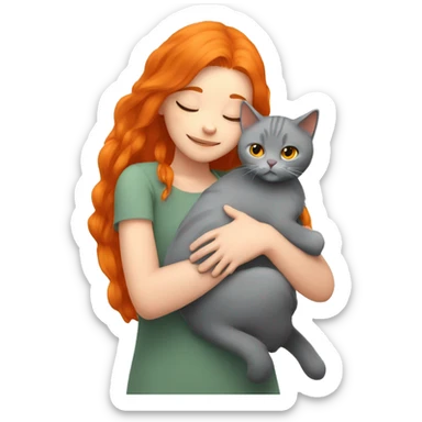 Girl with orange hair hugs with gray British cat sticker
