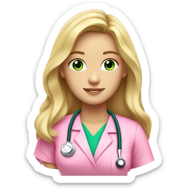 pale blonde girl with long wavy hair and green eyes wearing pink scrubs and stethoscope  sticker
