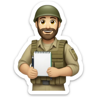pale brown bearded israeli IDF soldier happy holding notebook and pen and stationary sticker