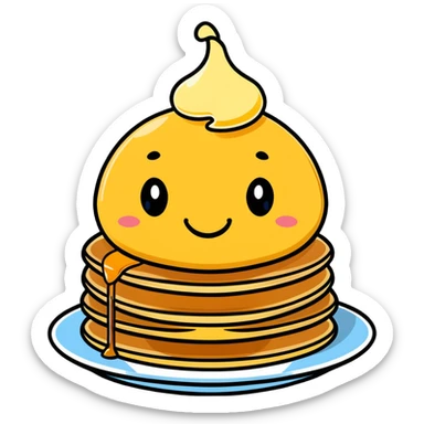 adorable pancakes with butter on top and maple syrup dripping down, smiling face sticker