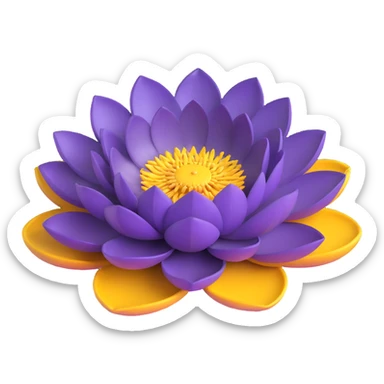 Realistic deep purple lotus flower with detailed layered petals and yellow stamens, floating on authentic lotus pad with characteristic notch and bowl shape sticker