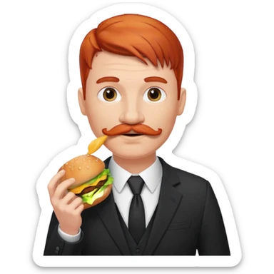 red haired with mustace male wearing suit eating hamburger sticker