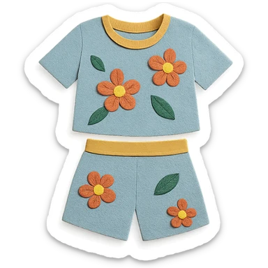 illustration of a women's short and tee shirt set with a floral pattern in paper-craft style sticker