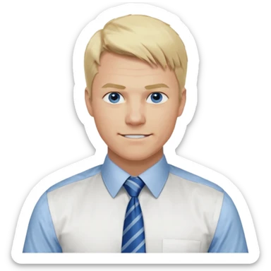 A guy with blonde hair and blue eyes that looks masculine. make him wear a shirt with a tie. he is danish. Make 4 diferent variations. in one he is smilin. in one he is angry sticker