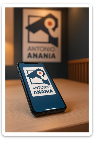 A photo of an iPhone on the desk with the logo of "Antonio Anania" on its screen, The phone sits atop a desk with a blurred with the logo in the background that suggests work environment. A faint glow from above casts gentle shadows across the surface of each object, creating depth and highlighting their textures sticker