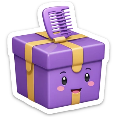 Kawaii emoji illustration of a purple gift box with a comb inside, chubby proportions, glossy finish, pastel colors, soft shading, adorable style, simple and clean design, transparent background sticker
