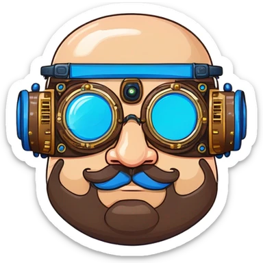 Fat bald cyborg head with blue steampunk goggles, brown beard and circuits sticker