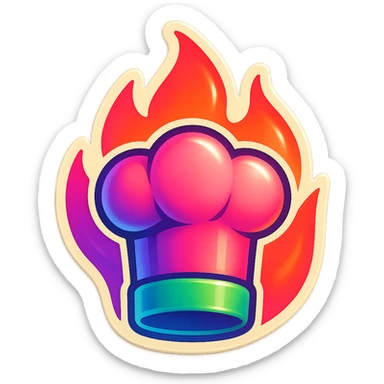 chef's hat in fire emoji, playful and modern with gradient FF4D67, 9D34FF, 10B981 gradient, vibrant, transparent background sticker