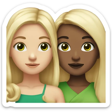 two girl besties, one with blonde hair and green eyes and the other girl with dark brown middle legnth hair and brown eyes sticker