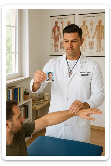 a middle-aged man, dressed in casual professional attire, is in a bright, organized therapy studio. Durante una visita di kinesiologia, il ragazzo tiene con una mano la foto di una persona lontana (il “testimone”) tiene la foto in mano, mentre con l’altra mano esegue un test muscolare su un cliente presente senza foto. Sullo sfondo si vedono libri di kinesiologia, poster anatomici e strumenti tipici della disciplina. L’atmosfera è concentrata e serena, con luce naturale che entra dalla finestra, sottolineando l’aspetto alternativo e umano della pratica. sticker