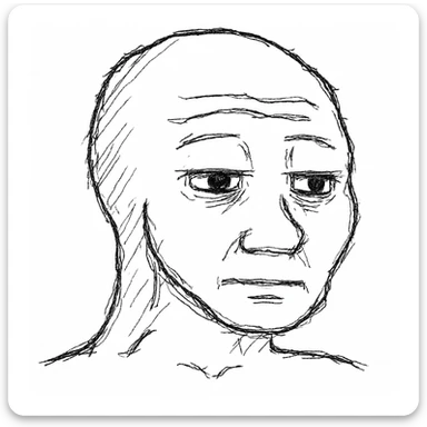 classic Wojak meme face, neutral expression, simple line art sticker