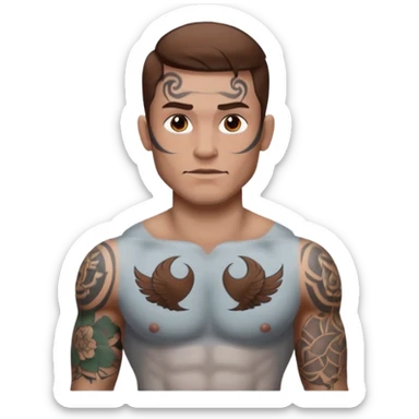 tattoo man, white skintone,brown hair, tattoos on face, more visible, bulky man with tattos on his chest. sticker