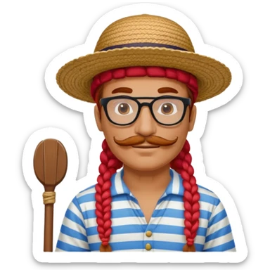 venice gondolier with long red braided hair, iconic hat, normal glassess and mustache sticker