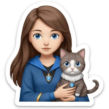 gorgeous Girl with light skin, blue eyes, long brown hair, wears a ravenclaw outfit, with a grey and white cat holding in her arms sticker