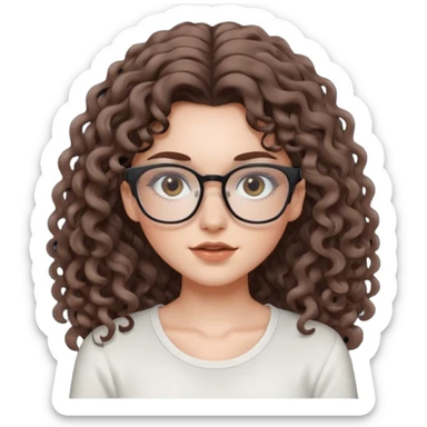 aesthetic white girl with cool colored brown, long curly hair, she wears an offwhite top and wears square glasses and her eyes are black sticker