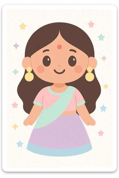 Indian girl smiling, wearing traditional attire with bindi, lehenga, and large earrings, festive and colorful sticker
