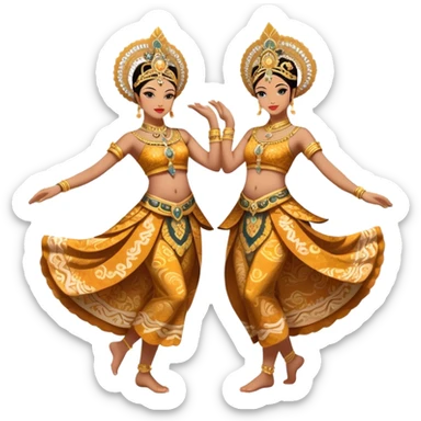​Cinematic Realistic Traditional Javanese Dancers, depicted as two graceful dancers in ornate traditional costumes with intricate batik patterns and elaborate headpieces, captured in dynamic poses during a ritual dance in an ancient temple courtyard, rendered with soft golden lighting and rich cultural textures, sticker