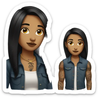 Straight  shoulder length dark hair and tattoos .  sticker