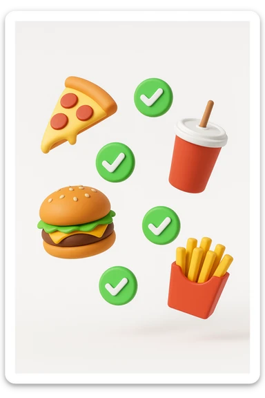 fast food fluttua in aria insieme a spunte di verificato in 3d, sfondo bianco sticker