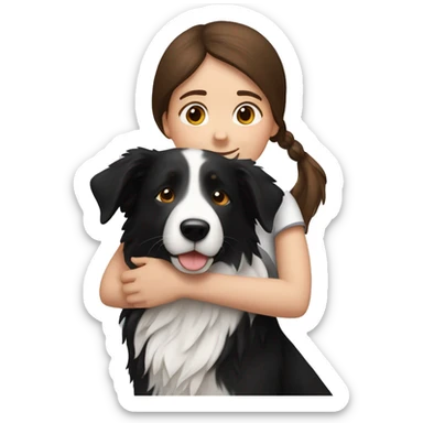Brown haired girl hugging a black and white border collie sticker