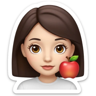 3D emoji sticker of a cute girl, Apple Memoji style, dark brown hair, brown eyes, long eyelash extensions, soft facial features, clean white background, smooth lighting, high quality, cute and friendly expression sticker