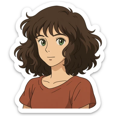 ghibli style illustration of a woman with wavy dark brown hair and green eyes sticker