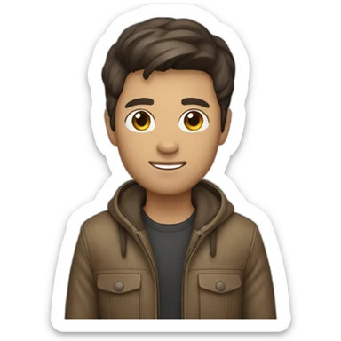 Photographer with dark brown hair, light brown leather sticker