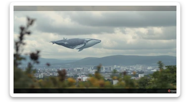 A cinemaatic still of a city, blurred plants in the foreground, huge whales fly above city sky, rolling hills in the background, cinematic depth of field, layered composition, natural lighting sticker