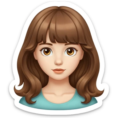 Caucasian girl with brown blunt bangs and big wavy hair sticker