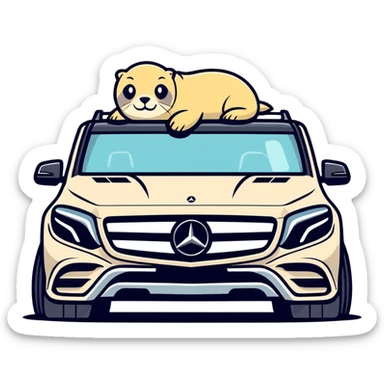 A seal on top of a Benz suv sticker