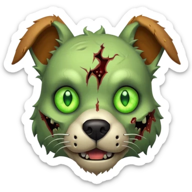 zombie dog portrait, head and shoulders only, torn fur, glowing green eyes, stitched face details, spooky but cute, 3D cartoon, mobile game icon style, clean background, no text, no watermark
 sticker
