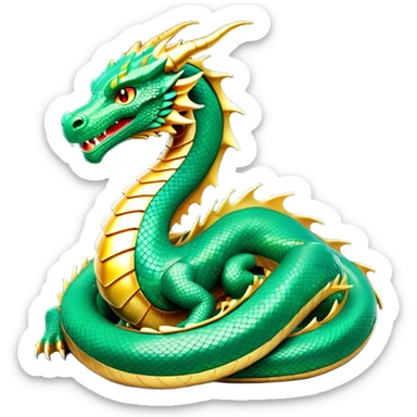 cinematic-noble-dragon-full body-emoji,-poised-and-majestic,-with-a-sinuous,-elongated-build-and-shimmering,-scale-covered-skin-in-hues-of-emerald-and-gold,-piercing,-fiery-eyes,-simplified-yet-sharp-and-sophisticated-features,-highly-detailed, zoomed out showing the serpentine body sticker