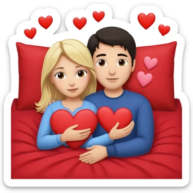 two people cuddling in bed. man has dark hair. woman is blonde. hearts surrounding them. sticker
