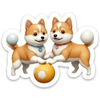 2 dogs, one ginger shiba inu and one white coton de tulear, playing with a ball in a sunny garden sticker