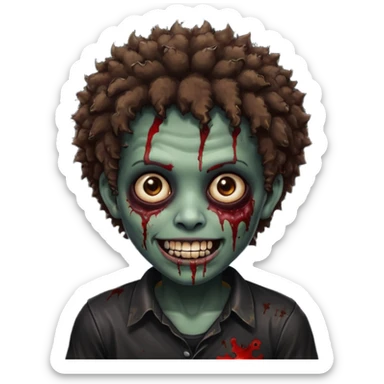 zombie with brown skin, short messy afro hair, wide centered brown eyes, dark bloody marks under the eyes, and a smile showing shiny metal teeth,black shirt, giving a distressed, undead look. sticker