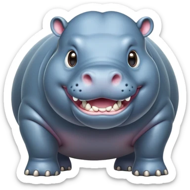 cinematic-hippo-realistic-full-body-side-view-standing-on-all-fours-emoji,-massive-round-frame,-wide-mouthed-grin-exposing-huge-teeth,-head-tilted-dramatically,-thick-greyish blue-hide-glossy, big cute eyes sticker