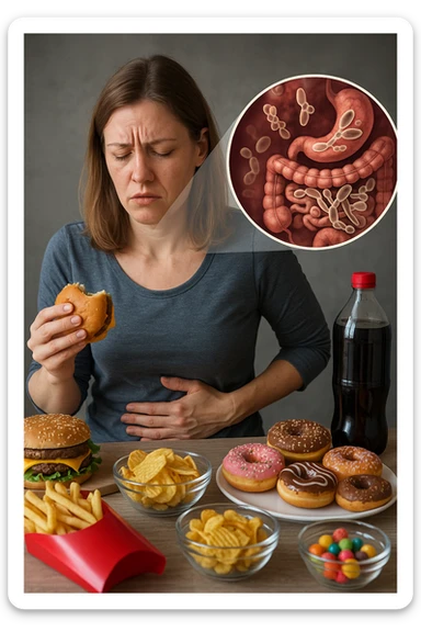 donna con candida intestinale realistic mangia cibo ultraprocessato che fa crescere la candida intestinale sticker