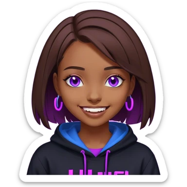 brown haired girl with a bob blue eyes wearing black hoody with violet letters "Lu", laughs. Cyberpunk style. Violet neon. sticker